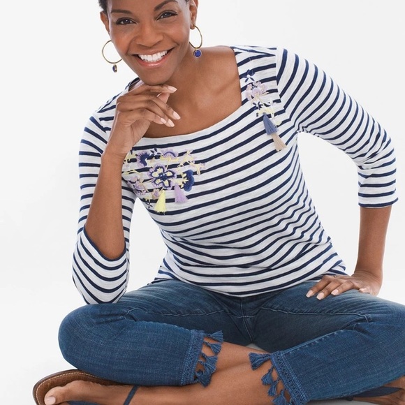 CHICO’S Chronicle Striped Embroidered Tee Size Med - Picture 1 of 7